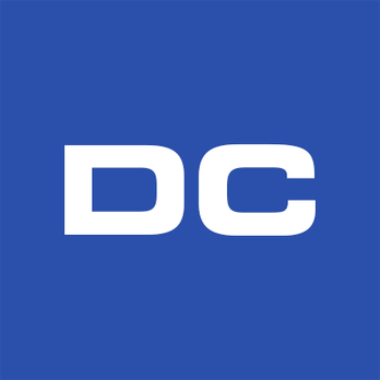 White "DC" letters on a blue background, representing Dahme Construction in San Jose.